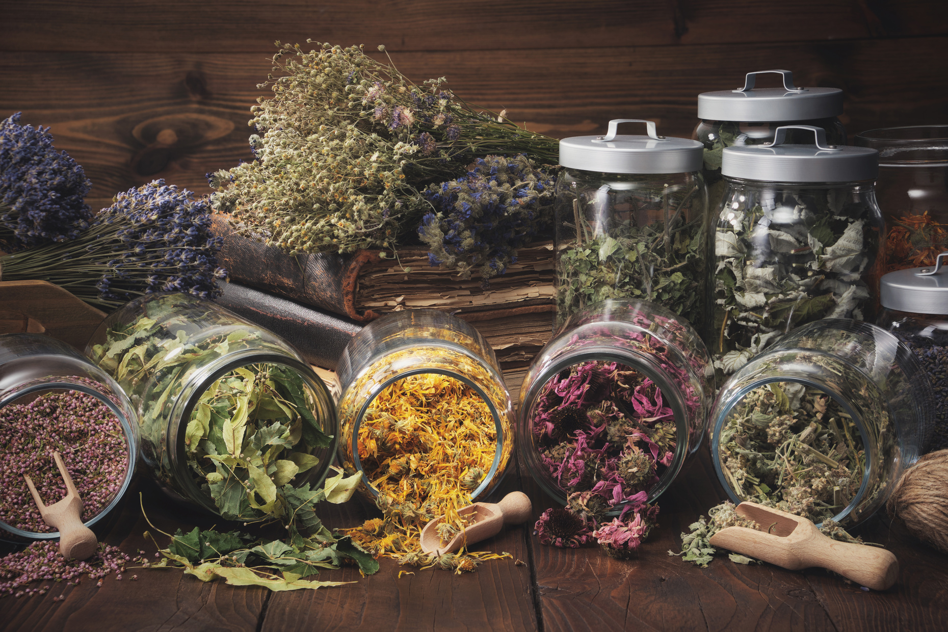 Jars of Dry Medicinal Herbs - Heather, Calendula
